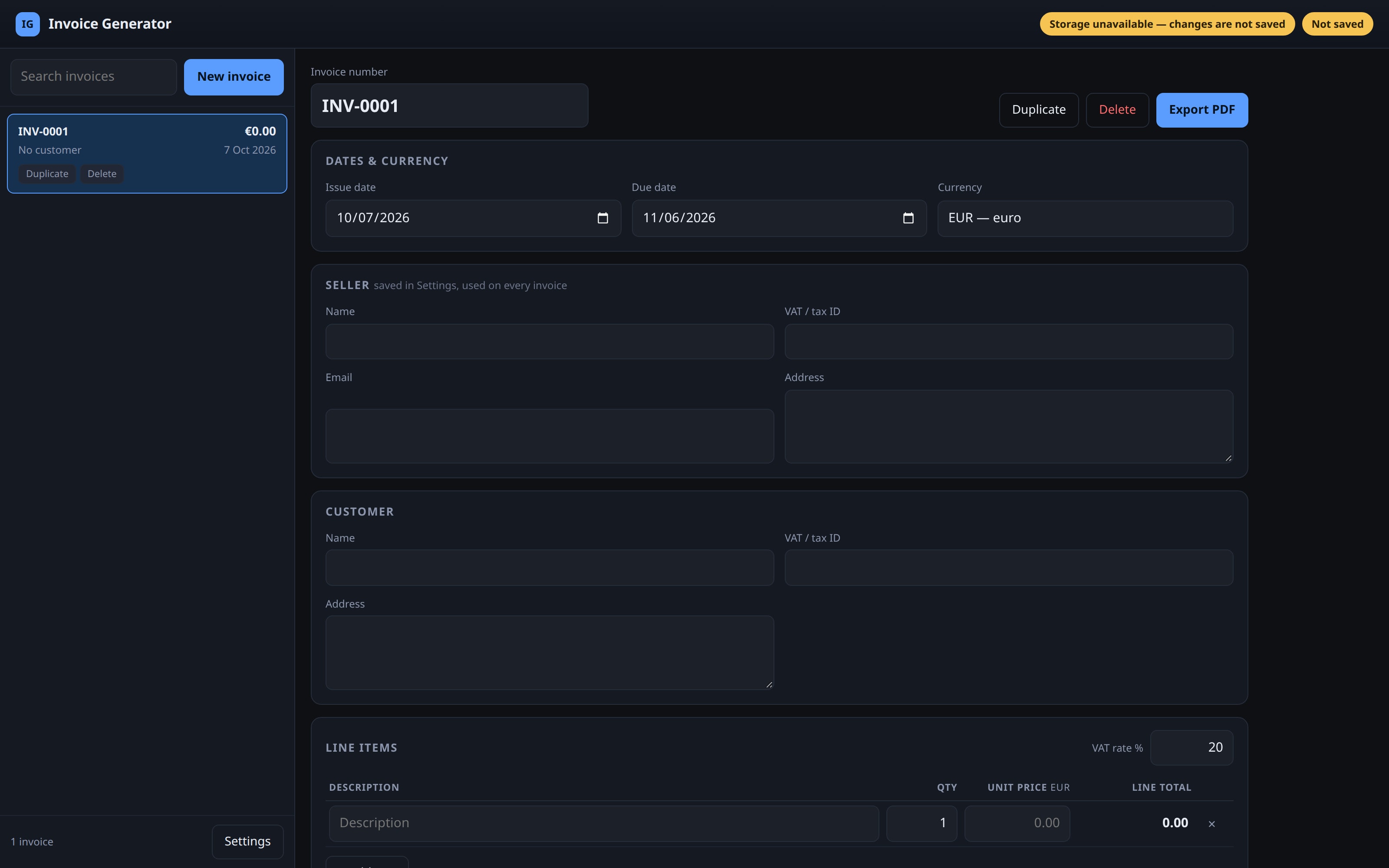 The invoice app the Coding Agent built, with line items, VAT and totals, and an export to PDF